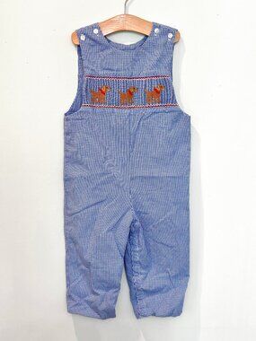 Velani Classics 24M Blue Gingham Smocked Puppy Jon Jon Romper Boys 2T